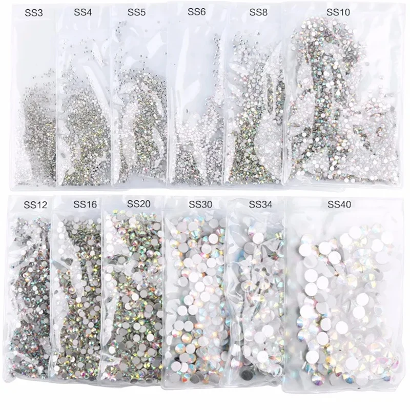 SS2-SS50 Clear Crystal AB Non Hotfix Flatback Rhinestones Round 3D Nail Art Rhinestones Glitter Gems Decorations