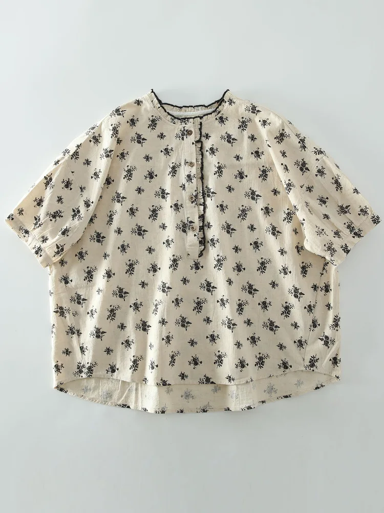 Zomer nieuwe Sweet Forest System Bla d bloemenprint ort Sve losse overhead irt katoenen damesblouse met normale pasvorm