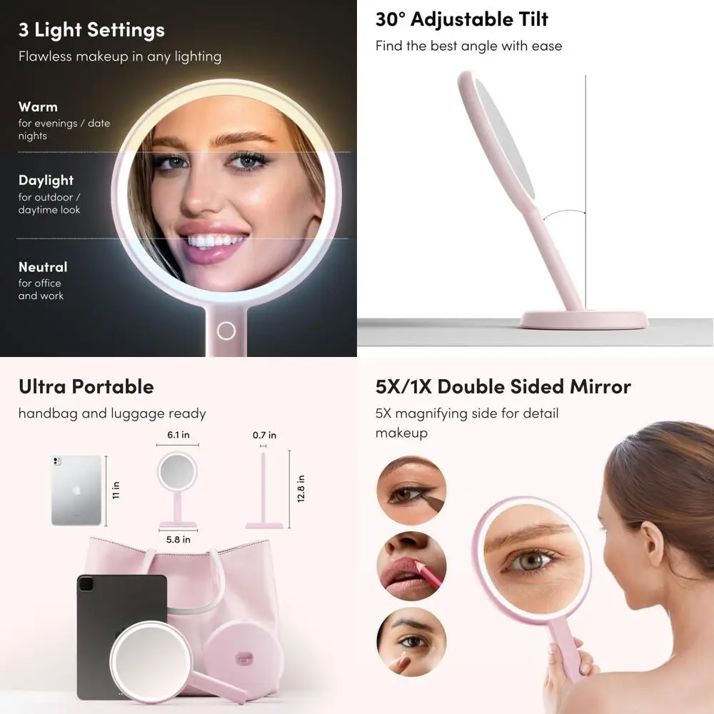 مرآة مكياج LED محمولة، قابلة لإعادة الشحن، XL، مزدوجة الجوانب 5X/1X، 3 ألوان فاتحة، كريمة الفراولة #1