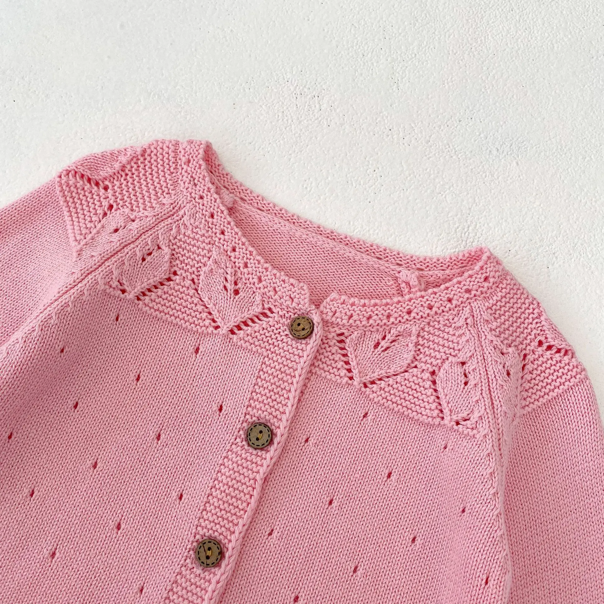 Instagram Spring and Autumn New Fashion Single Item Sweater Coat for Infants and Girls Dotted Baby Powder Hollow Knitted Coat