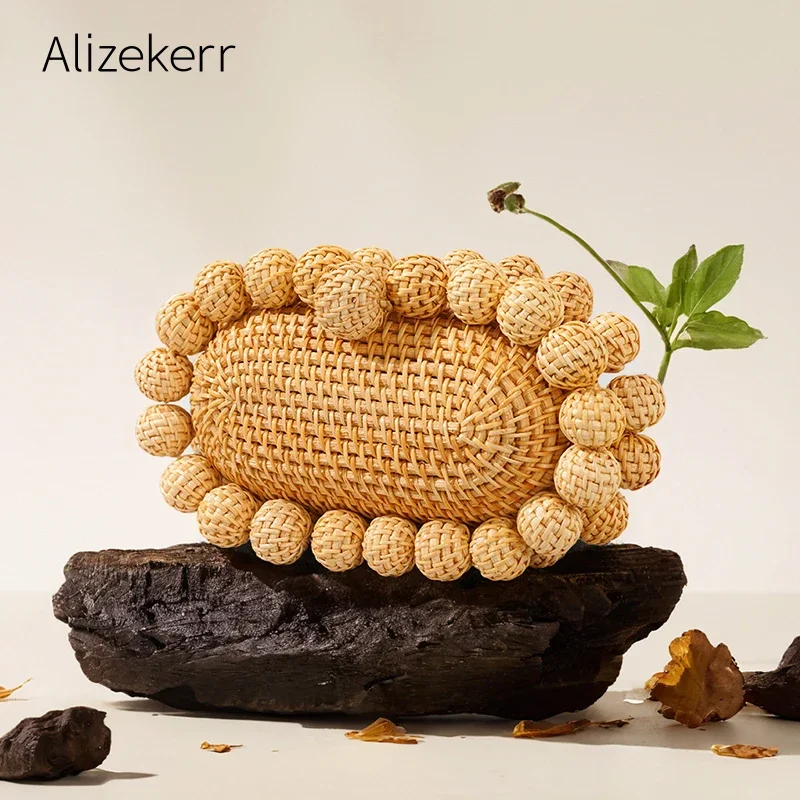 Alizekerr Beaded Beach Clutch Bags Women 2024 Boutique Elegant Luxury Designer Hand Woven Rattan Handbag Bohemian Summer Holiday