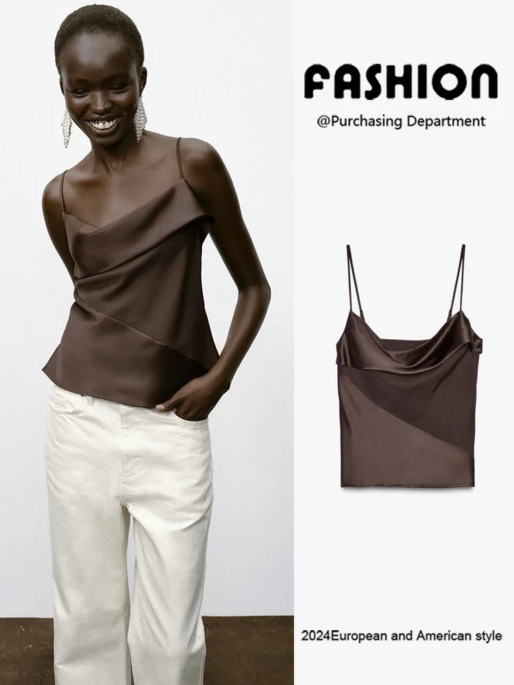 

New Autumn Women's Silk Satin Innerwear Sle Patchwork Top Ele Strap Design Quali Fabric Ladies Faion Trend