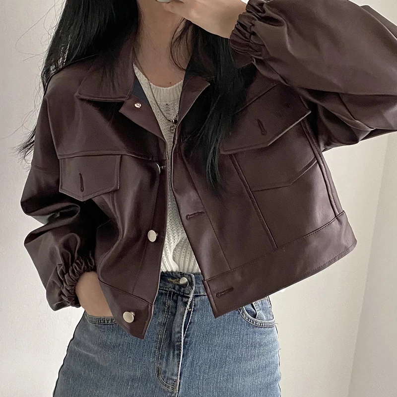 Chic Vintage da donna vestibilità ampia Jaet ort capispalla doppio ket colletto alla coreana cappotto in pelle PU versatile autunno nuovo Sle