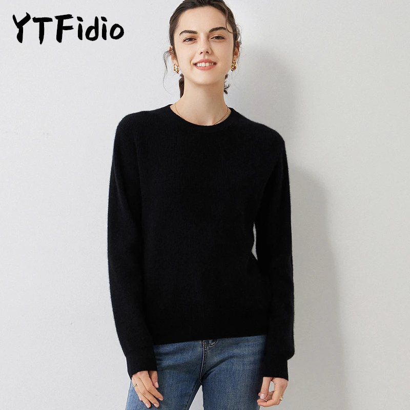 YTFidio 100% Cashmere Women O-neck Long Sleeve  Solid Knitwear Casual Pullover Tops Jumper Soft Warm Basic Girl Sweater 34