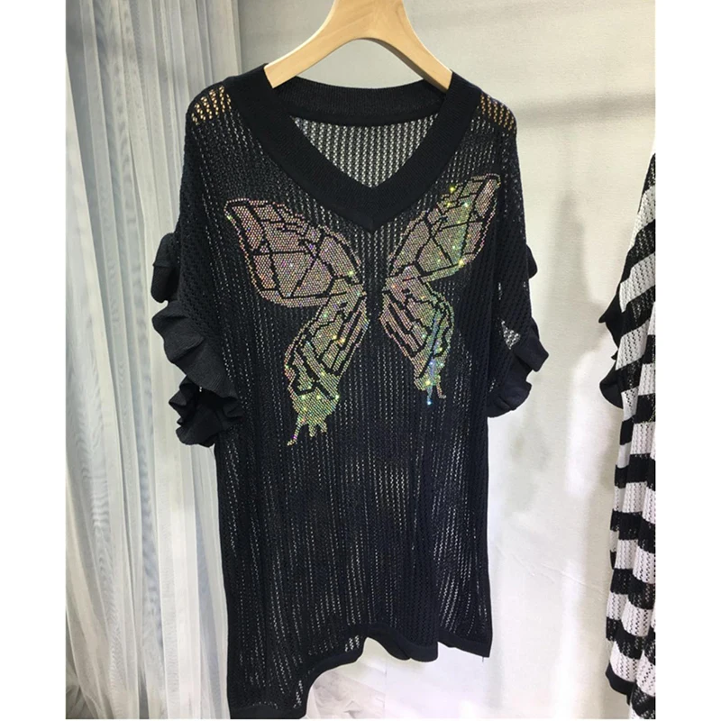 Fashion Hollow Out Diamonds Butterfly Sleeve Blouses Women's Clothing 2024 Summer New Loose Knitted All-match Tops Casual Shirts