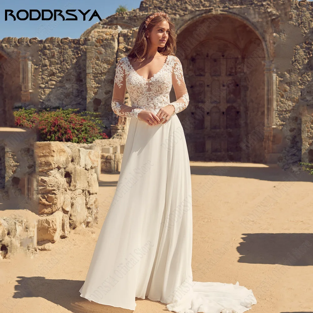 Roddrsya clásico vestido de novia de manga larga illsuion vestido de RODDRSYA vestido de novia clásico de manga larga, vestidos de novia con espalda descubierta, gasa de fiesta con abertura lateral, apliques de línea a