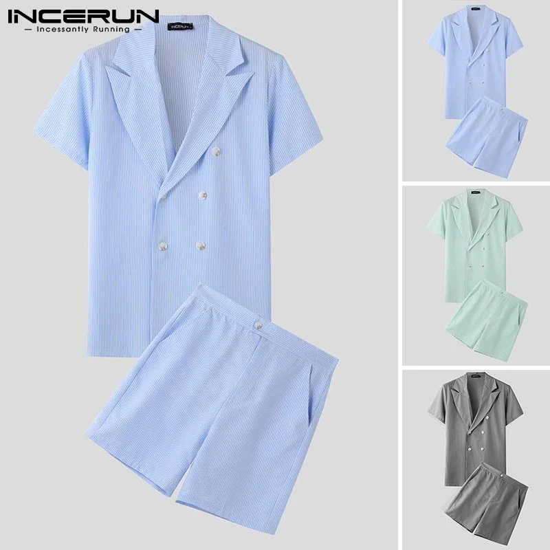 패션 INCERUN 여름 남성 세트 짧은 소매 정장 반바지 스트라이프 투피스 정장 남성 의류 옷깃 streetwear