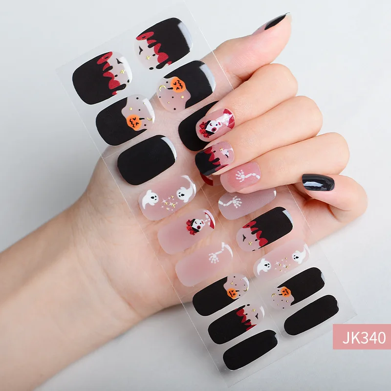 Pegatina de uñas de Gel semicurado para Halloween, terapia de luz de calavera de calabaza de bruja, envolturas de uñas, lámpara UV/LED, manicura adhesiva curada