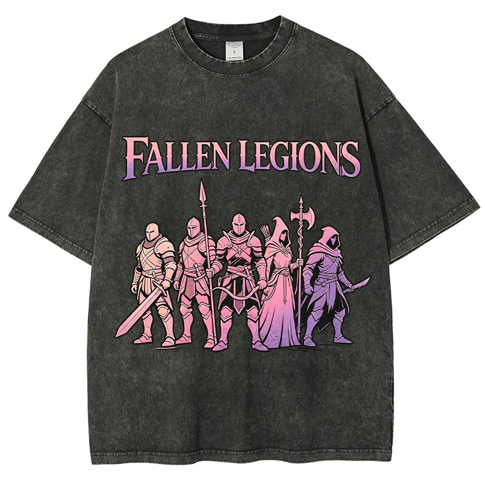 Women T Shirt Fallen Legions Graphic Knight Warrior Print Vintage Washed Cotton Oversized Streetwear Gothic Short Sleeve Top
