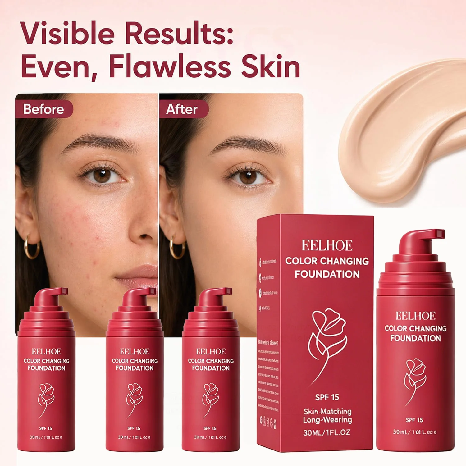 Fond de teint coréen changeant de couleur pour peaux matures SPF 15, correcteur liquide hydratant pour les ridules et les rides, fini naturel éclatant