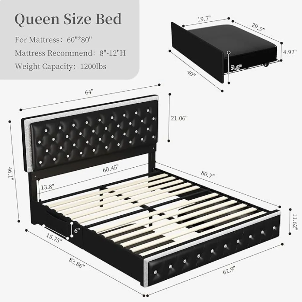 Led Bed Frame with 2 Drawers, Modern Storage Platform Queen Size Upholstered Bed with Crystal Button Tufted Headboard, Solid