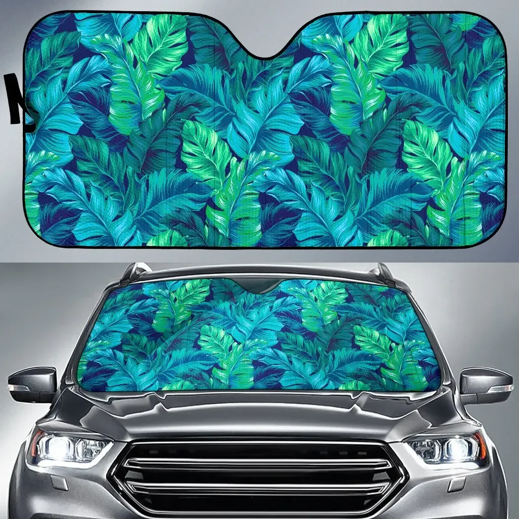 Turquoise Tropical Leaf Pattern Print Car Sun Shade