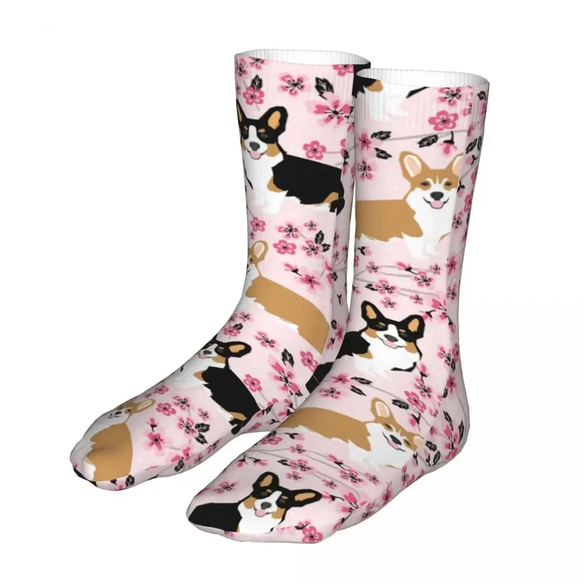 Compression Corgi Dogs Pink Cherry Blossom Floral Woman Socks 2023 Female Animal Sports