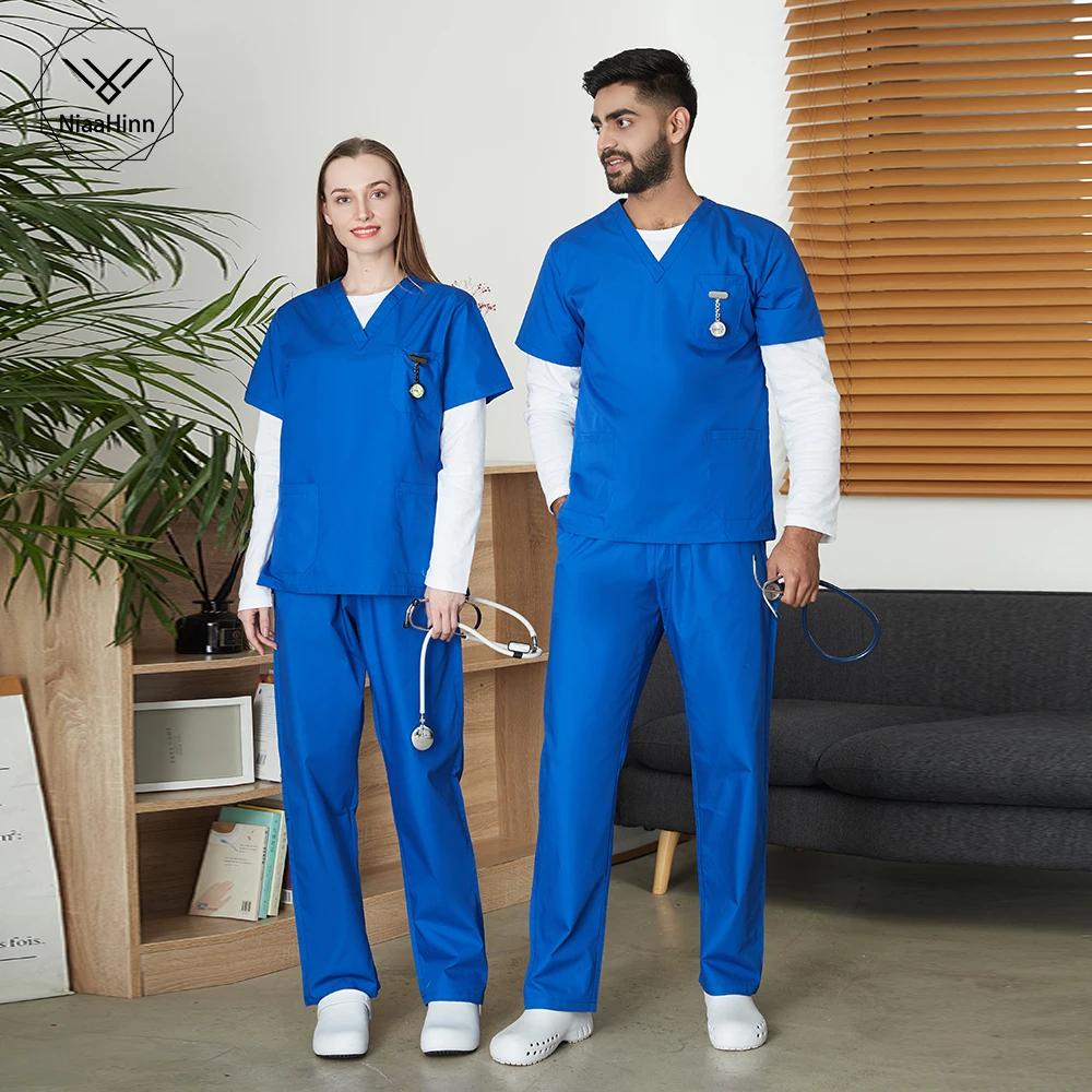 Hospital Scrubs Set Men Short Sleeve Classic V-neck Top and Pants Nursing Uniform Doctor Clothing Surgery Workwear Pet Doctor