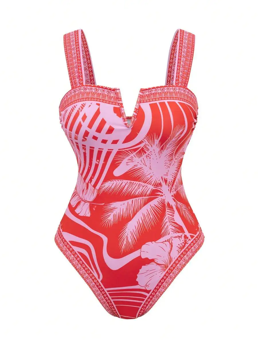 

Women One Piece Printed Swimsuit With Skirt High Waisted Beach Resort Swimwear Summer Tummy Control