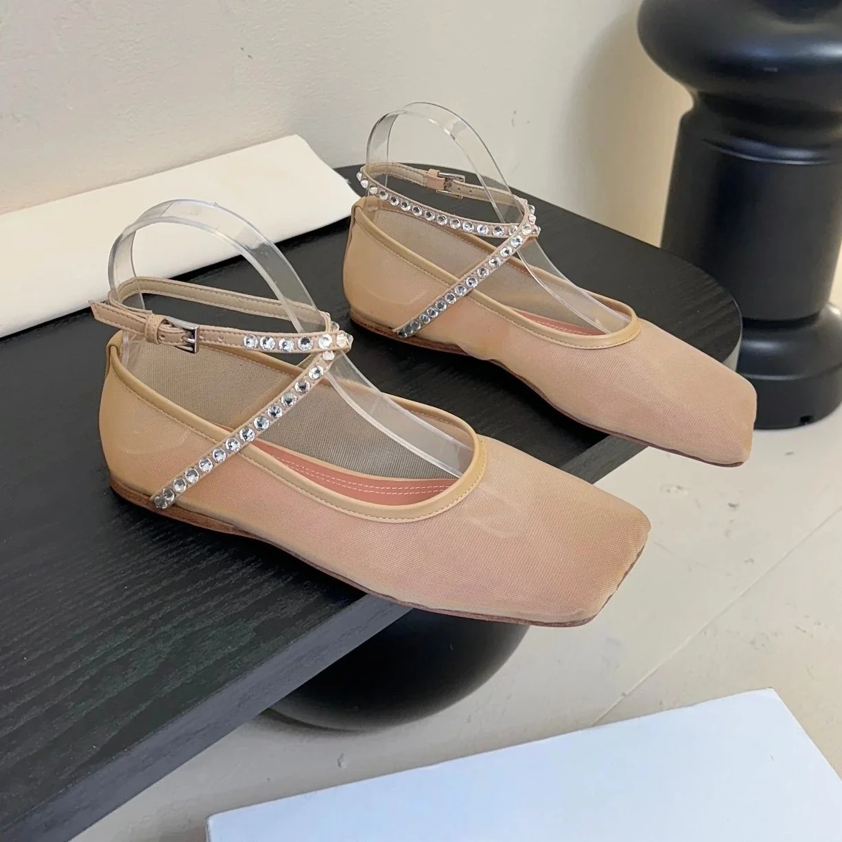 2025 FANGXITING جديد وصول اليدوية شبكة ساحة تو كعب مسطح الكاحل حزام صناديل للنساء بلينغ بلينغ الماس الشقق مأدبة ماري #4