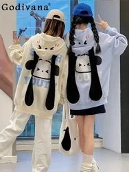 College Cartoon Print Rabbit Ears Hooded Loose Large Size Student Blue Hoodies Women Autumn Winter Fashion Girl Kawaii Cardigan