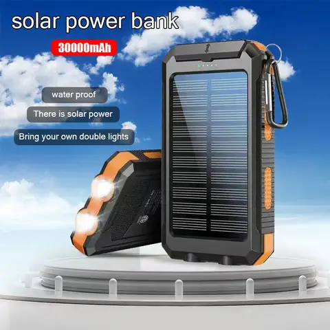 30000mAh Portable External Battery Car with Lanyard Solar Power Bank Spare Battery for Xiaomi IPhone Outdoor Camping Compass
