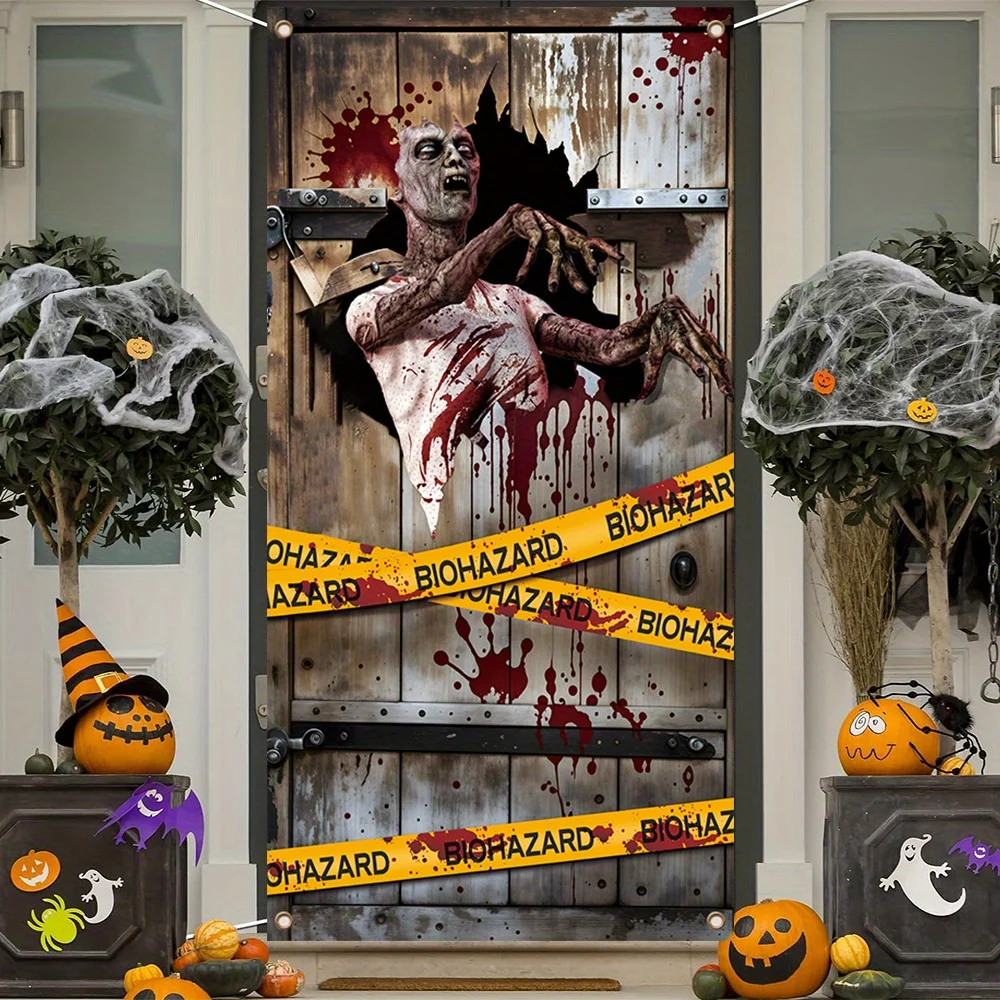 Happy Zombie Isolation Zone Curtain - Halloween Party Decoration, 90.0 cm / 35.4 incheszyc