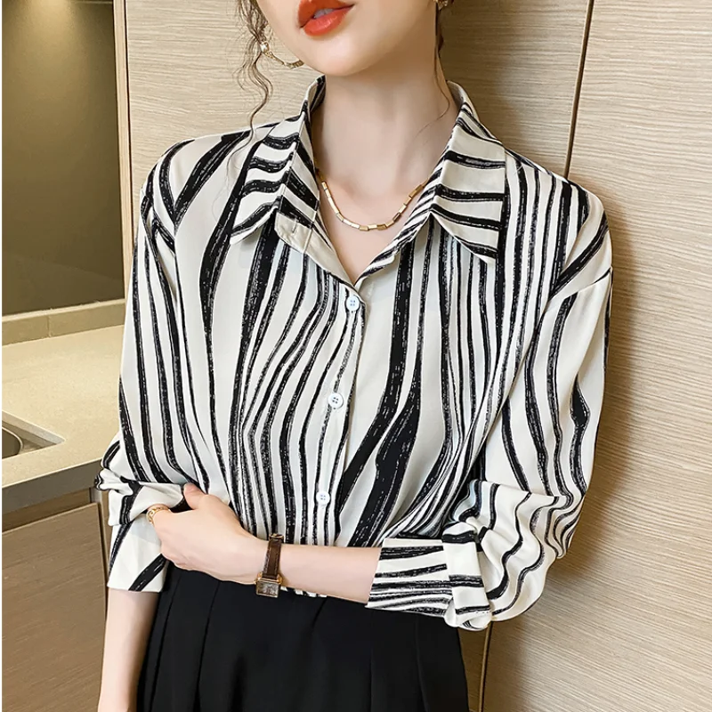 

Chiffon Vintage Women Blouses Spring/summer Polo-neck Loose Clothing Sales Long Sleeves Korean Top Striped Women's Shirts