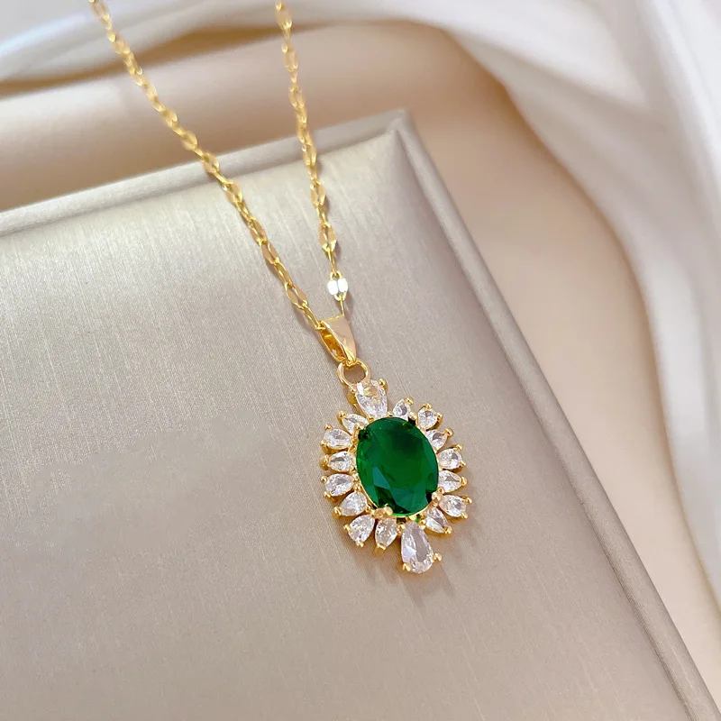 DIEYURO 316L Stainless Steel Green Crystal Flowers Charm Necklace Earrings For Women Girl New Trendy Jewelry Set Gift Party