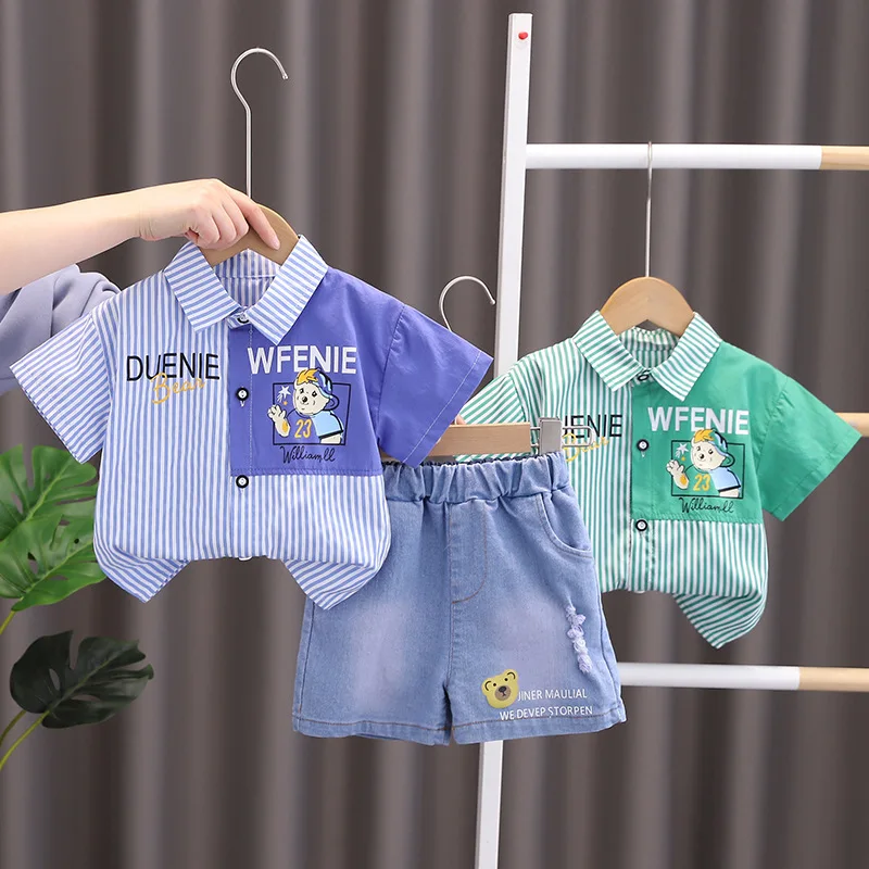 New Summer Baby Boys Girls Clothes Suit Children Fashion Cartoon Bear Stripe Shirt Denim Shorts 2Pcs/Sets Kids Casual Tracksuits