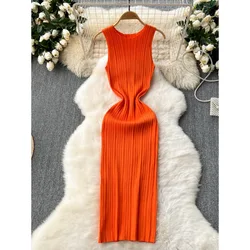 Women Sexy Sleeveless Slim-fit Hip Vest Knitted Dress Fashion Summer Stretch Spice Girl Dress Office Lady O Neck Elegant Dress