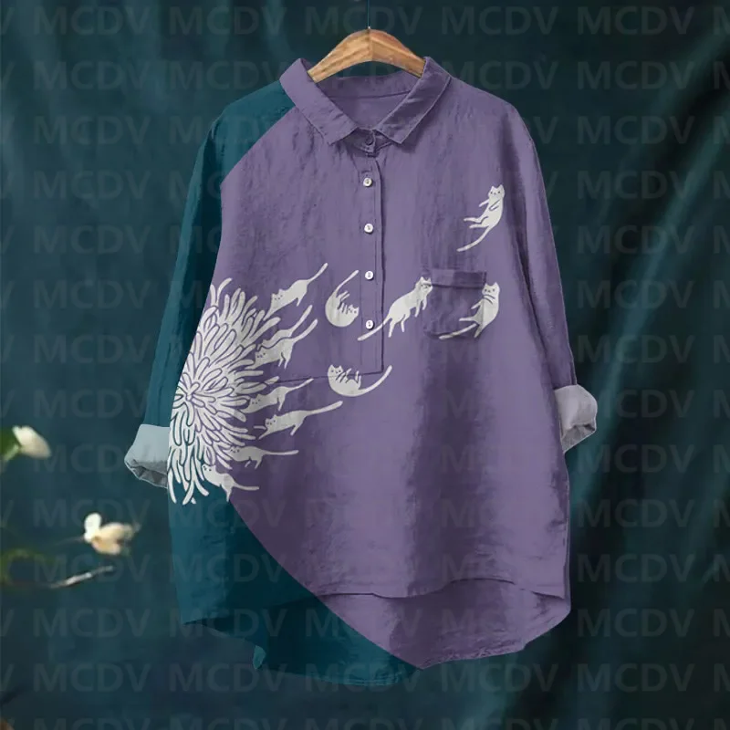 Women's Abstract Creative Dandelion And Cat Art Print Casual Lapel Blouse