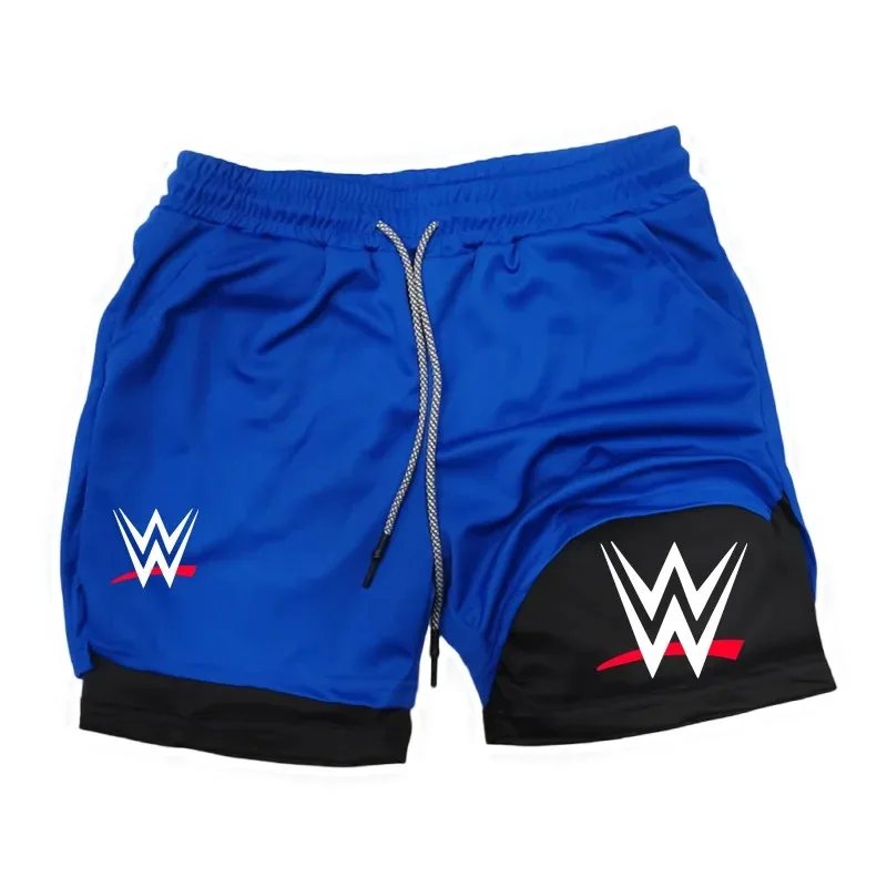 Nuovo WWE American Logo Stampa 2-in-1 Pantaloncini da corsa da uomo Pantaloni Pantaloncini da prestazione fitness con tasca per telefono Anello per asciugamano Sport