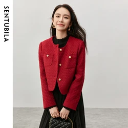 SENTUBILA Luxury Texture Women's Jacket 2024 Autumn Winter O Neck Metal Single Breasted Straight Elegant Outerwears 144W57422