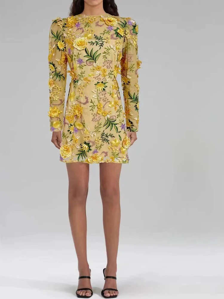 

High-end long-sleeved round neck short skirt 2025 summer women's gauze embroidery three-dimensional flower temperament dress