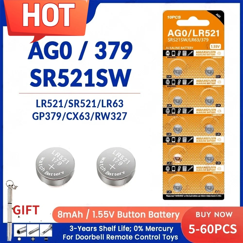 

5-60PCS LR521 AG0 1.55V Button Batteries SR521SW 379A 379 179 D379 SR63 for Remote Watches Toys No Mercury Alkaline Coin Cell