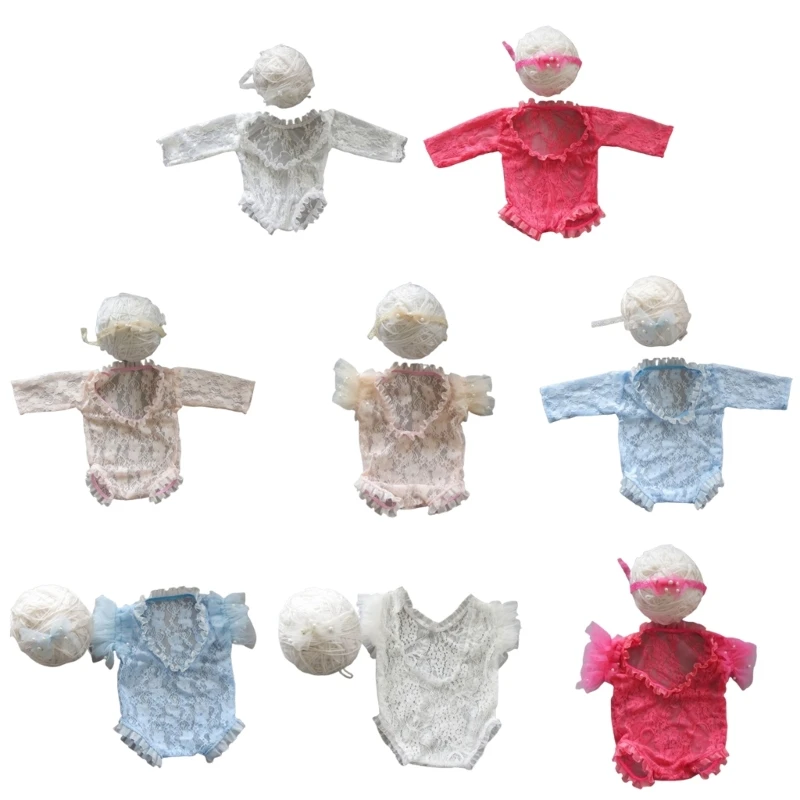 Baby Photo Clothing Princess Lace Jumpsuit Bow Headband Half/Long Sleeved Romper Newborn Shower Party Decor Posing Props