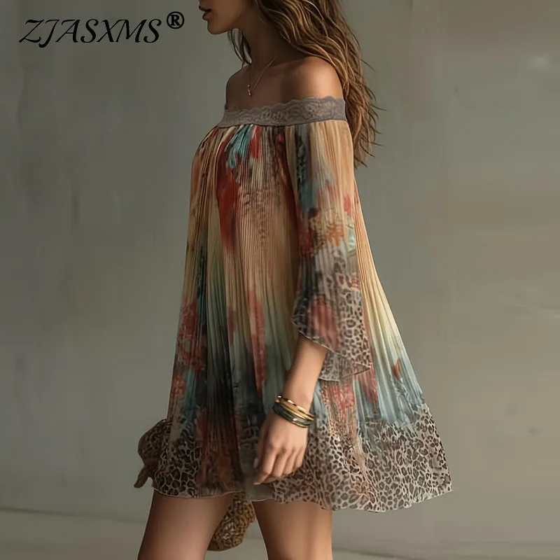 

Spring Elegant Colorful Print A-Line Party Dresses Woman Sexy Off Shoulder Lace Trim Mini Dress New Summer Casual Vacation Dress