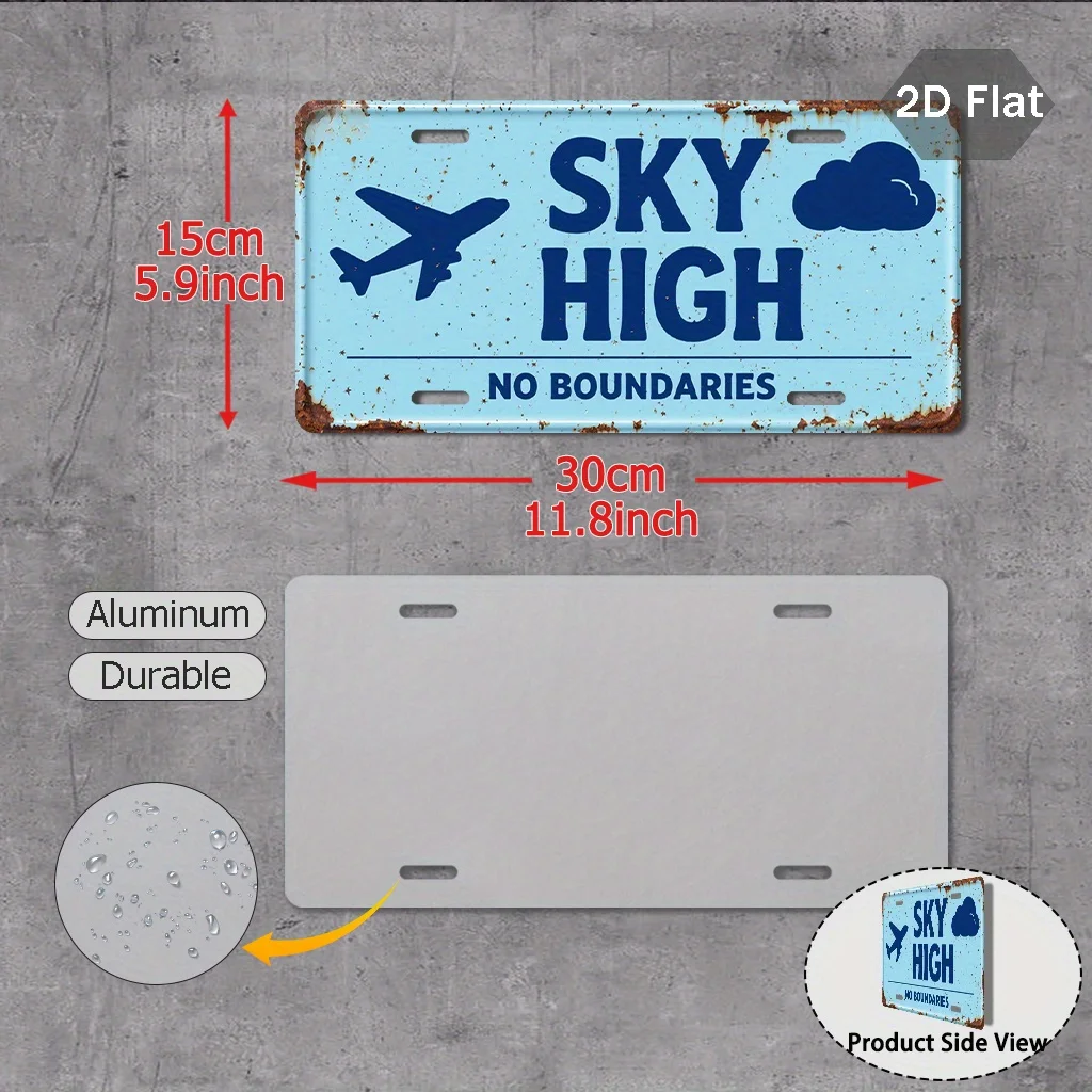 1pc Vintage Aviation Theme License Plate | Sky Without Boundaries - Large Size 29.97x14.99cm - Turquoise and Navy Blue - Matte S