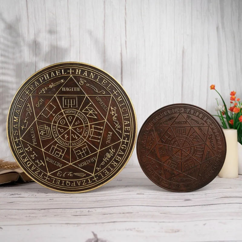 Vintage Seven Archangels Saint Michael Seal Wood Carved Home Living Ornament Hanging Plaque Decor