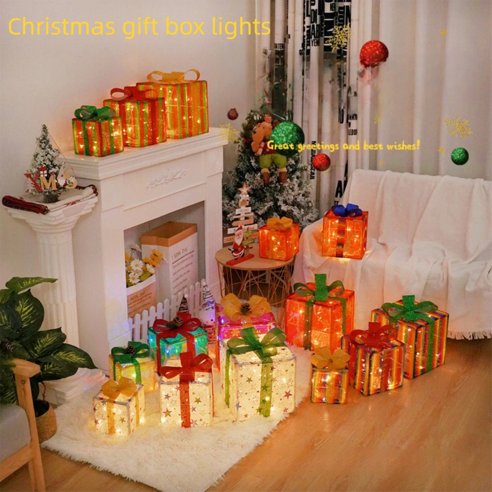 

3Pcs Lighted Gift Boxes Decorations, Decorative Boxes, Tree Skirt Ornament For Holiday, Party, Christmas