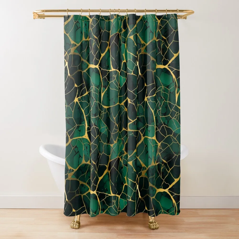 

Green and Gold Kintsugi Design - Emerald and Malachite Shower Curtain For Shower Bathroom Shower Set Curtain