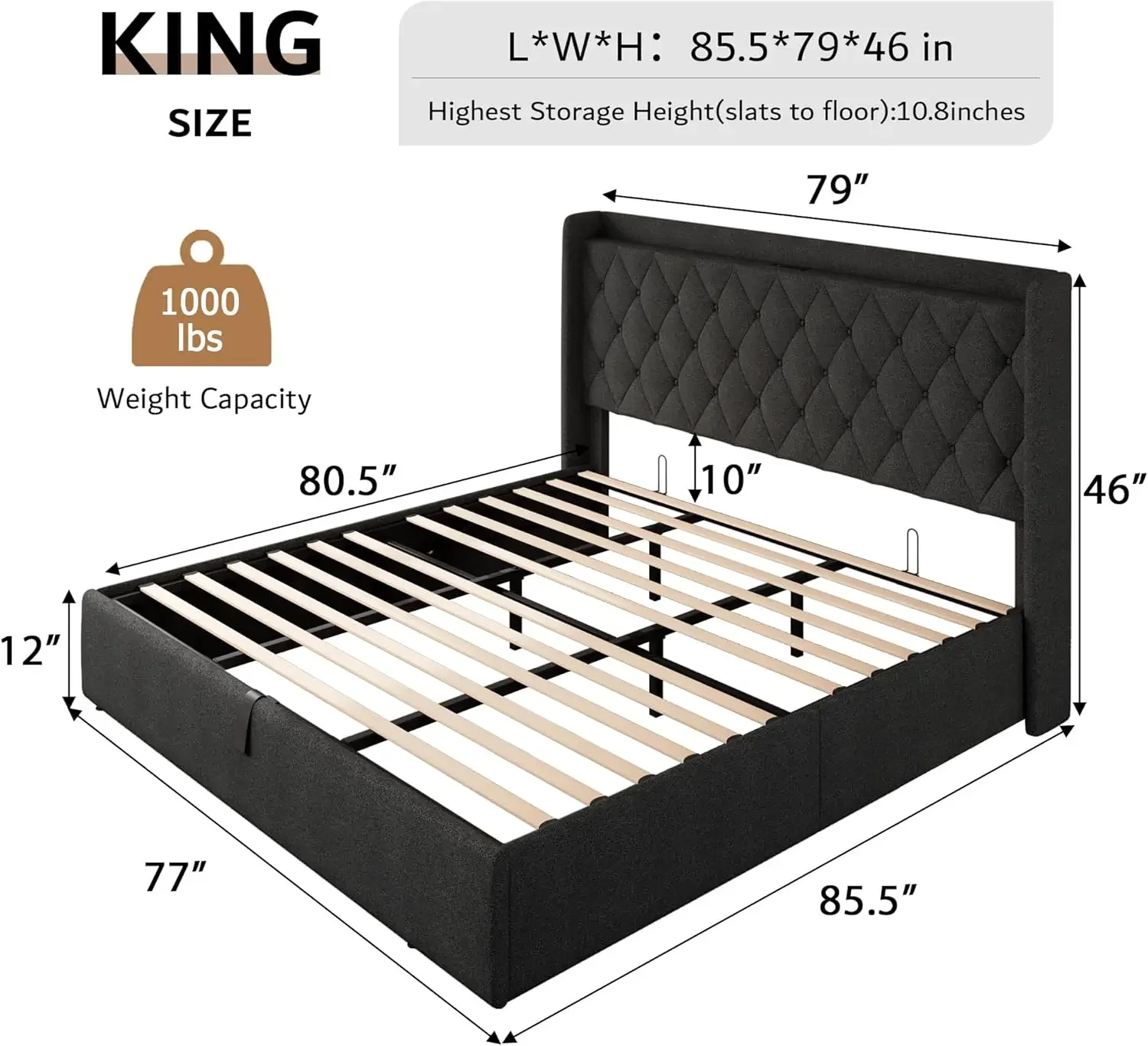 Upholstered Platform Bed Frame with Tufted Headboard, Hydraulic Storage, No Box Spring Needed