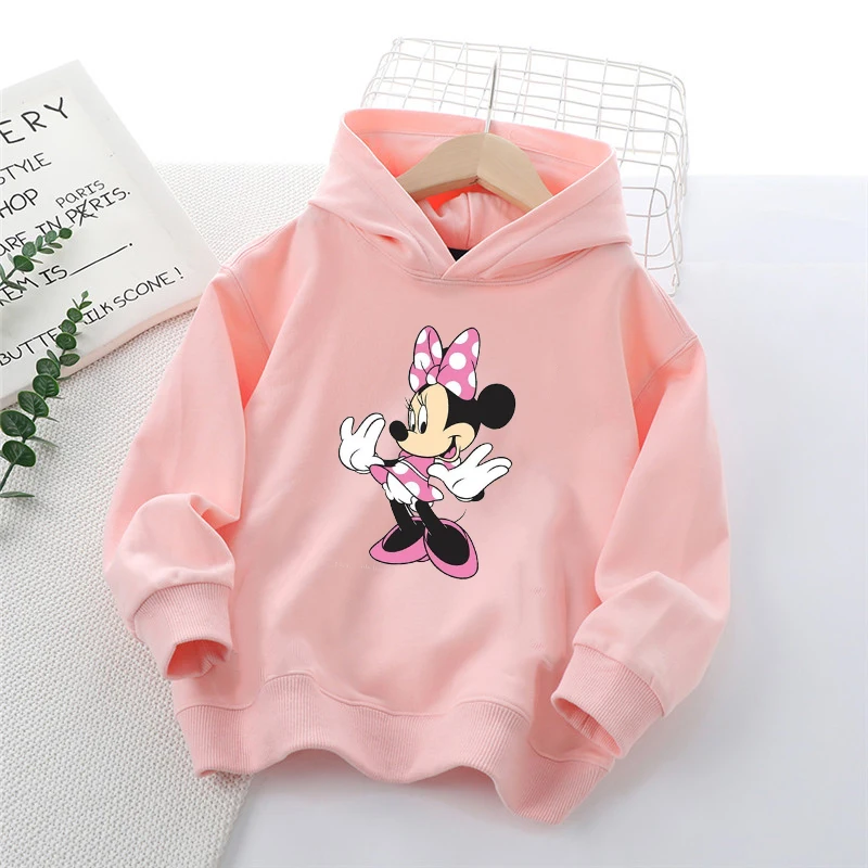 Disney Minnie Mouse Kids Hooded Sweatshirt Anime Cartoon Print Pink Pullover Girls Winter Casual Warm Top Kawaii Child Clothing