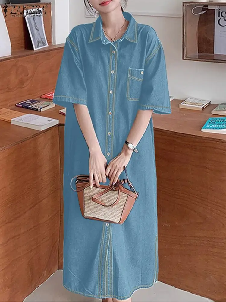 2024 ZANZEA Summer Denim Blue Shirt Dress Oversize Women Elegant Button Down Midi Vestidos Short Sleeve Lapel Neck Sundress Robe