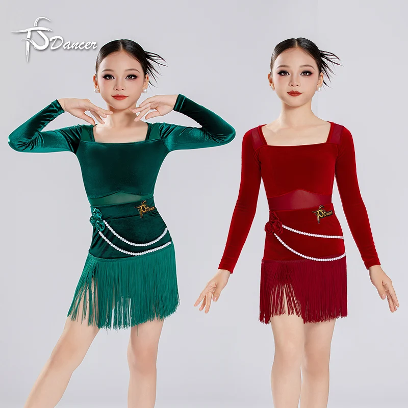 Nuevo traje de baile latino para niñas, traje de competición de entrenamiento de baile de salón, traje de actuación con borlas de terciopelo de manga larga