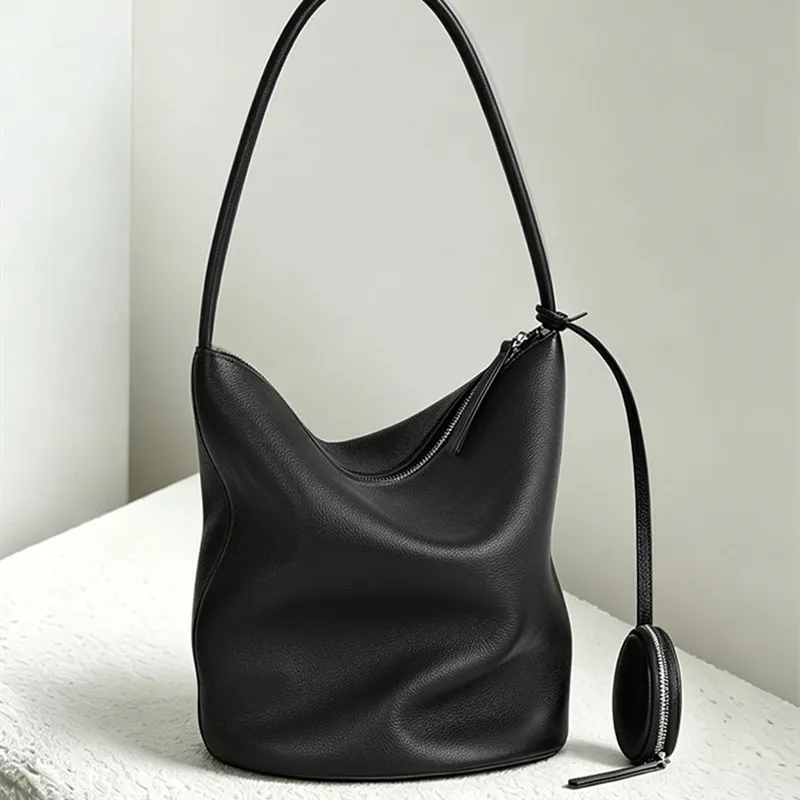 Bucket Genuine Leather Women Bag New Retro Nature Soft Cowhide Handbag Versatile Designer  High Quality Shoulder Bags