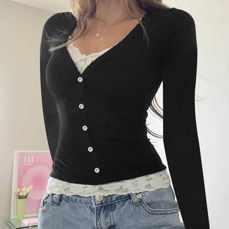 Darlingaga Korean Fashion Skinny Spring Autumn Women T-shirts Lace Patchwork Basic Buttons Top Tee Long Sleeve Contrast Y2K Cute