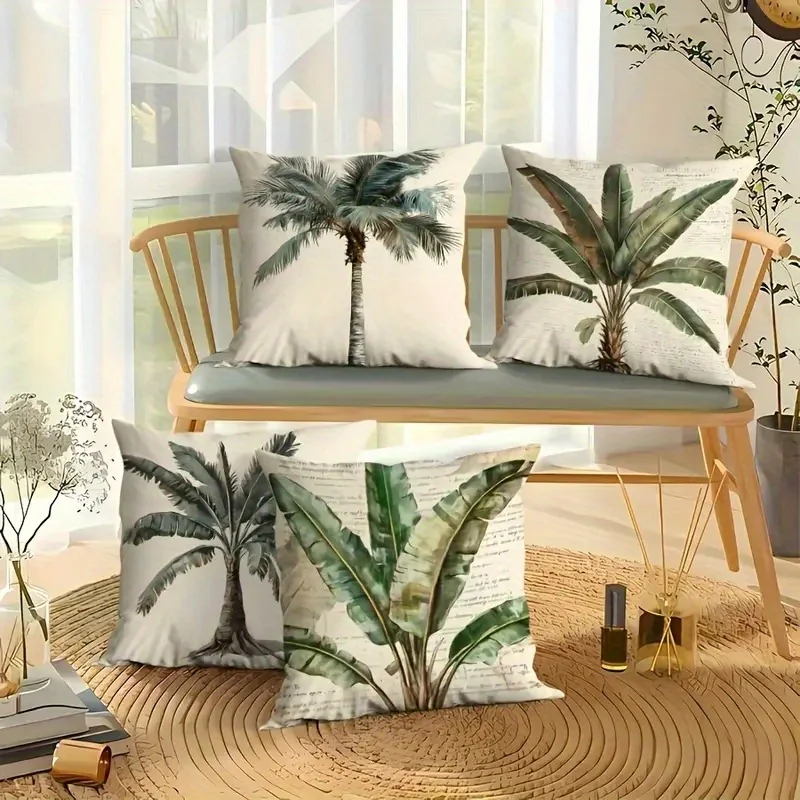 Tropical Palm Leaf Print Cushion Covers Set 4 Piece Boho Jungle Foliage Accent Pillows for Sofa Living Room Decor