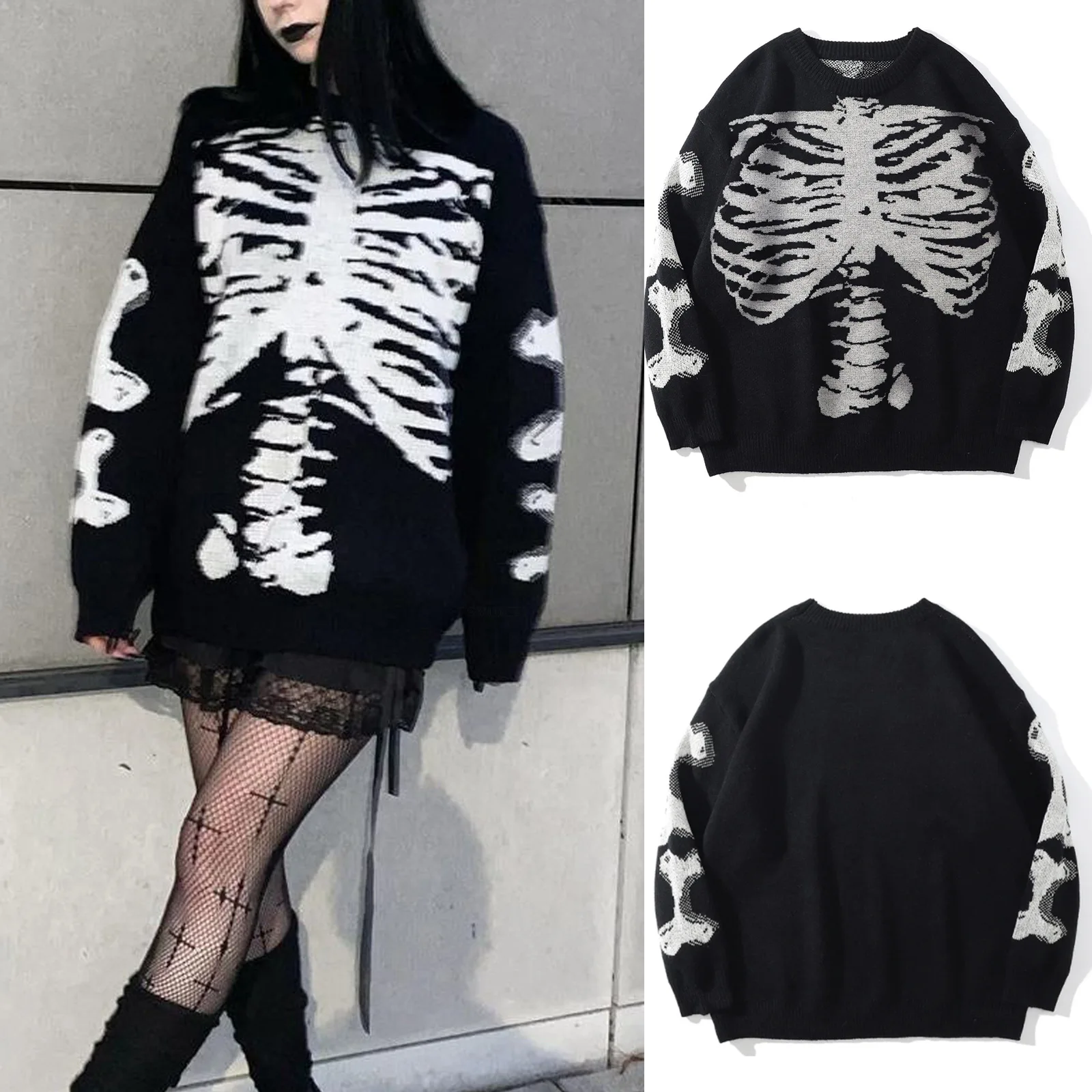 

loween Skull Print Casual Long Sve Sweater Women's Street Sle round Ne Pullover Knitwear Autumn Faion