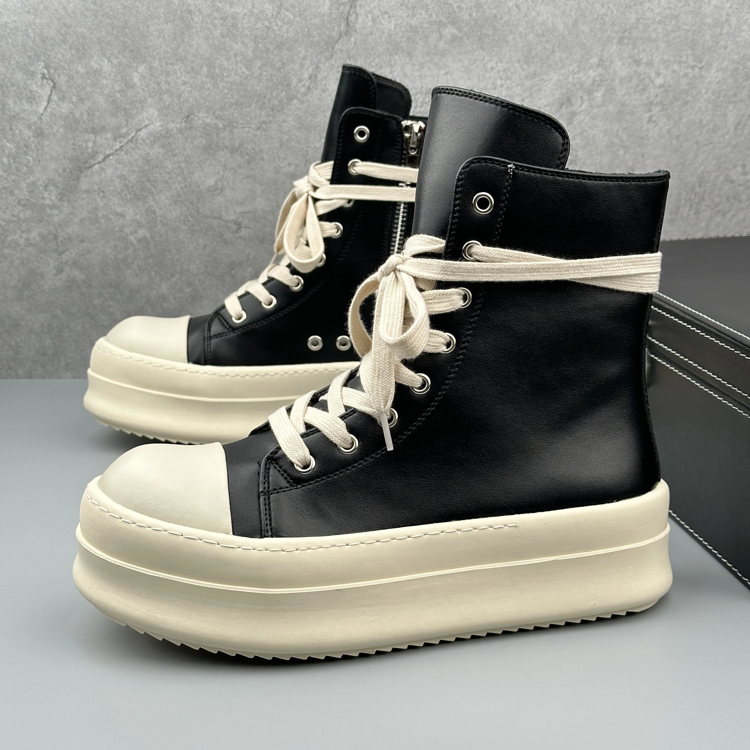 Men\'s Motorcycle Boots Women Platform Leather Luxury Trainers High Top Sneakers Lace Up Zip Autumn Black Male Designer Shoes