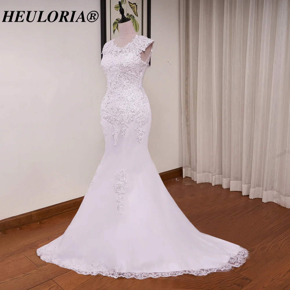 HEULORIA vintage Mermaid Wedding Dresses o neck lace beading Bride Dress lace up plus size Robe de mariage customize