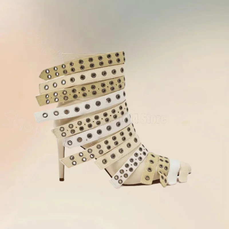 

Beige Belt Fastener Mid Calf Pointed Toe Boots Side Zipper Women Shoes Thin High Heels New Party Dating 2025 Zapatos Para Mujere