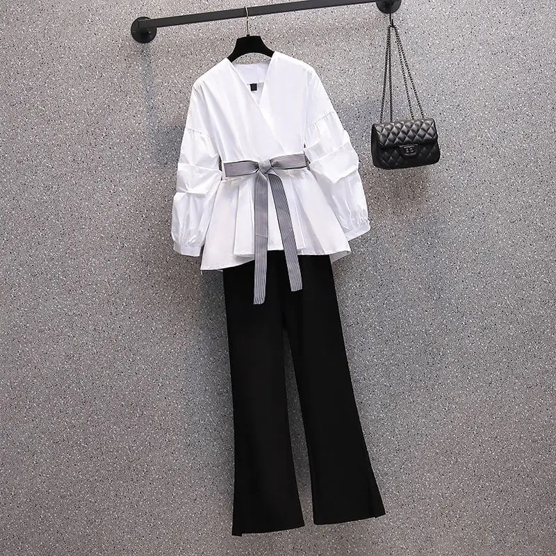 OverSize New Two-piece Suit Women\'s Clothing New Spring Summer Long Sleeve V Neck Blouse Pants